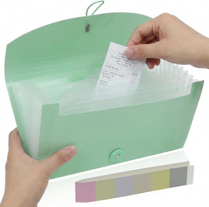 Gtheimn Portable 13-Pocket Receipt & Coupon Organizer, Small Expanding Accordion File Folder with Labels, Long Ticket Size Holder for Bills, Checks, and Travel Documents (10.2" x 5.5"), Green - Image 1